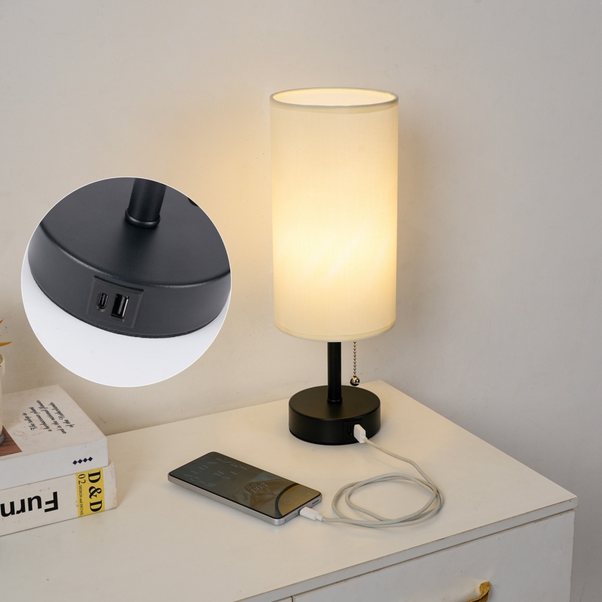 Brilagi - Επιτραπέζιο φωτιστικό με θύρα USB TABLON 1xE27/25W/230V μαύρο/κρεμ