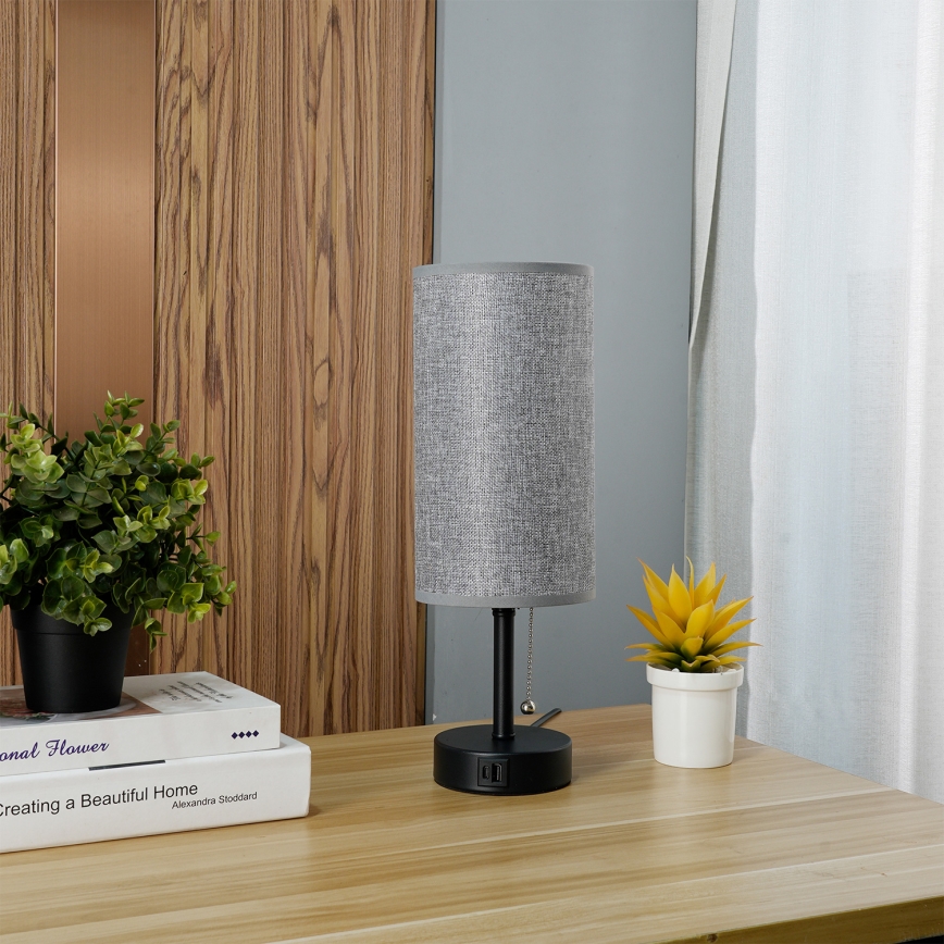 Brilagi - Επιτραπέζιο φωτιστικό με θύρα USB TABLON 1xE27/25W/230V μαύρο/γκρί