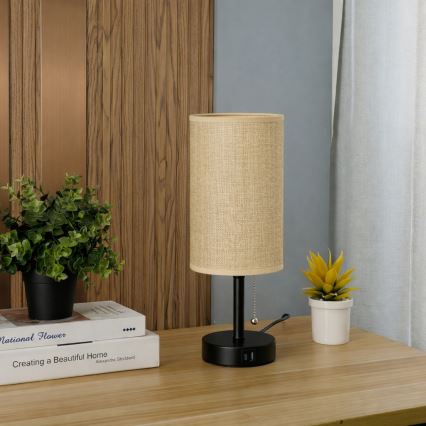 Brilagi - Επιτραπέζιο φωτιστικό με θύρα USB TABLON 1xE27/25W/230V μαύρο/μπεζ