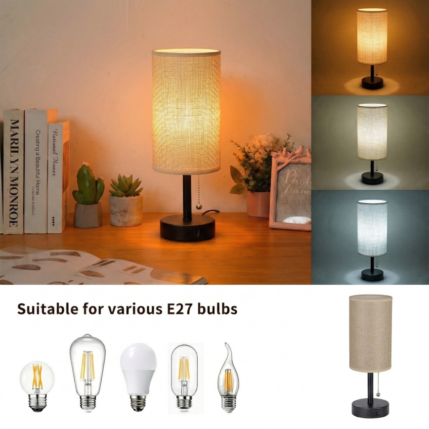 Brilagi - Επιτραπέζιο φωτιστικό με θύρα USB TABLON 1xE27/25W/230V μαύρο/μπεζ