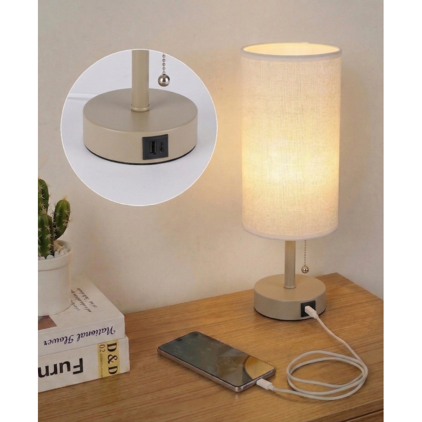 Brilagi - Επιτραπέζιο φωτιστικό με θύρα USB TABLON 1xE27/25W/230V μπεζ/λευκό