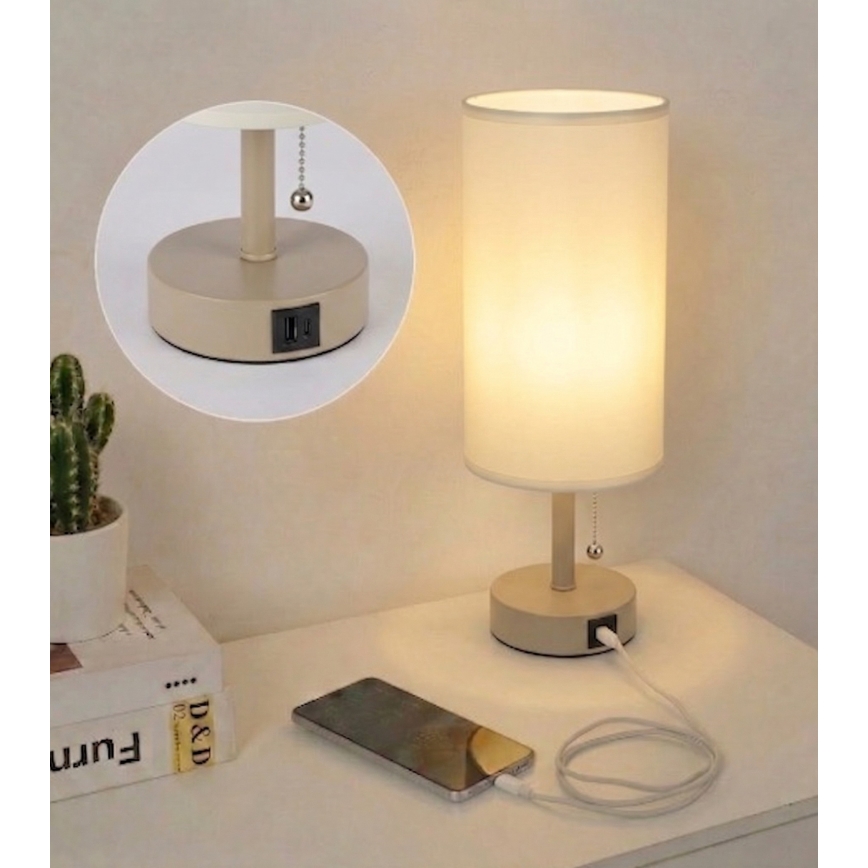 Brilagi - Επιτραπέζιο φωτιστικό με θύρα USB TABLON 1xE27/25W/230V μπεζ/κρεμ