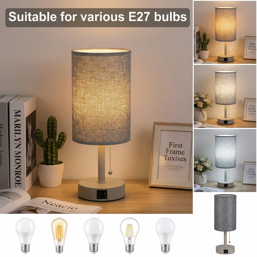 Brilagi - Επιτραπέζιο φωτιστικό με θύρα USB TABLON 1xE27/25W/230V μπεζ/γκρι