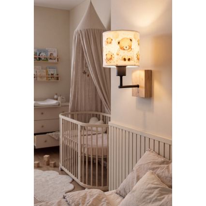 Brilagi - Παιδικό επιτοίχιο φωτιστικό BOBO WOOD 1xE27/25W/230V δρυς/μαύρο/λευκό/αρκουδάκια