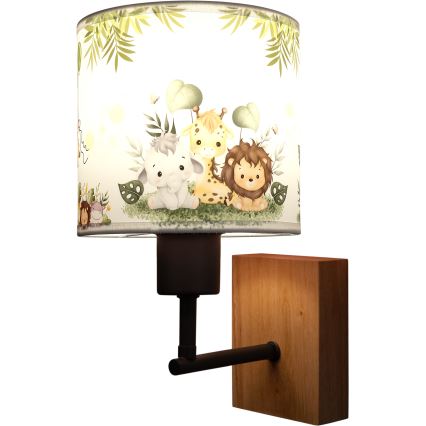 Brilagi - Παιδικό φωτιστικό τοίχου BOBO WOOD 1xE27/25W/230V δρυς/μαύρο/λευκό/πράσινο/ζούγκλα