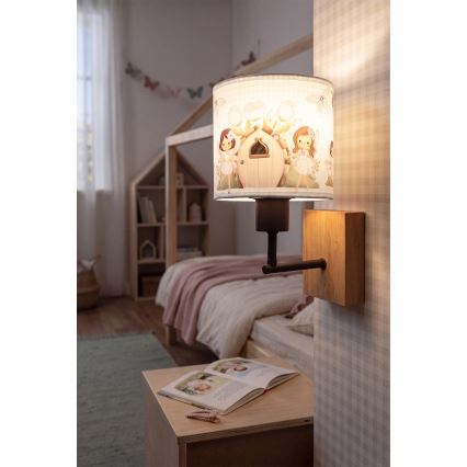 Brilagi - Παιδικό φωτιστικό τοίχου BOBO WOOD 1xE27/25W/230V δρυς/μαύρο/λευκό/ροζ/νεράιδες
