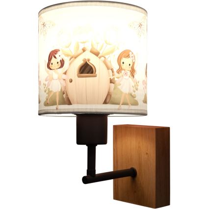 Brilagi - Παιδικό φωτιστικό τοίχου BOBO WOOD 1xE27/25W/230V δρυς/μαύρο/λευκό/ροζ/νεράιδες