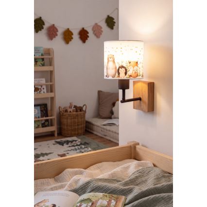 Brilagi - Παιδικό φωτιστικό τοίχου BOBO WOOD 1xE27/25W/230V βελανιδιά/μαύρο/λευκό/ζωάκια