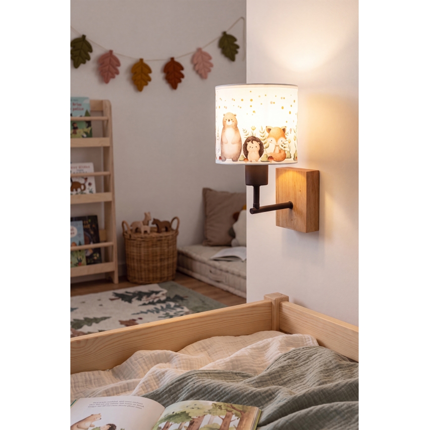 Brilagi - Παιδικό φωτιστικό τοίχου BOBO WOOD 1xE27/25W/230V βελανιδιά/μαύρο/λευκό/ζωάκια