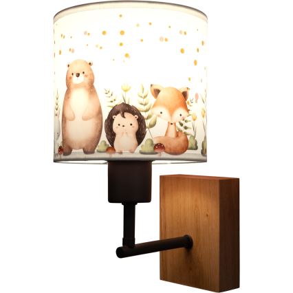 Brilagi - Παιδικό φωτιστικό τοίχου BOBO WOOD 1xE27/25W/230V βελανιδιά/μαύρο/λευκό/ζωάκια