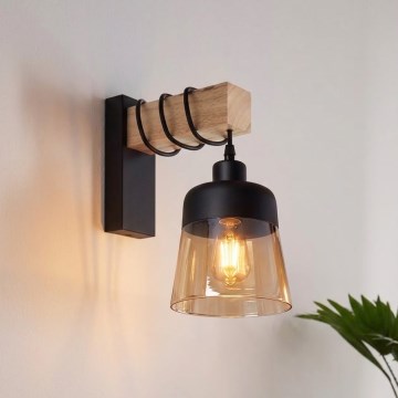 Brilagi - Επιτοίχιο φωτιστικό WOOD GLASS 1xE27/60W/230V πεύκο/μαύρο/καπνιστό καφέ