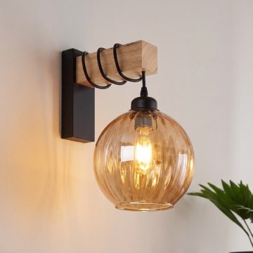 Brilagi - Επιτοίχιο φωτιστικό WOOD GLASS 1xE27/60W/230V πεύκο/μαύρο/καπνιστό καφέ