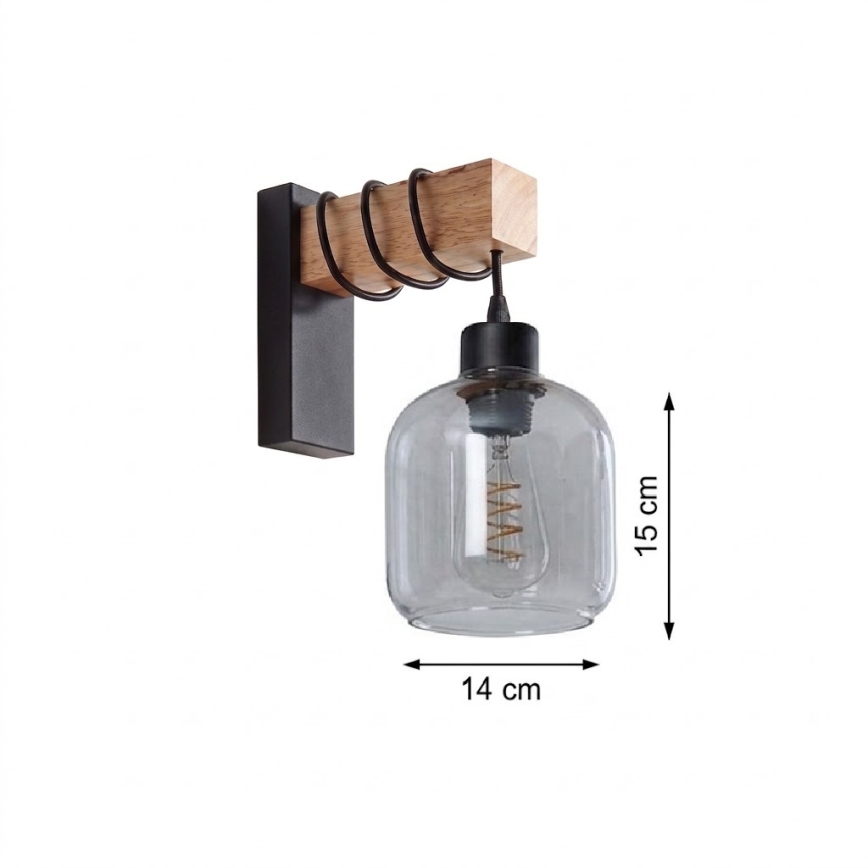 Brilagi - Επιτοίχιο φωτιστικό WOOD GLASS 1xE27/60W/230V πεύκο/μαύρο/καπνιστό γκρι