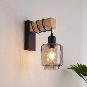 Brilagi - Επιτοίχιο φωτιστικό WOOD GLASS 1xE27/60W/230V πεύκο/μαύρο/καπνιστό μπεζ