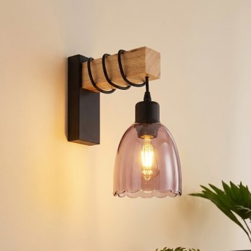 Brilagi - Επιτοίχιο φωτιστικό WOOD GLASS 1xE27/60W/230V πεύκο/μαύρο/καπνιστό μπεζ