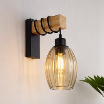 Brilagi - Επιτοίχιο φωτιστικό WOOD GLASS 1xE27/60W/230V πεύκο/μαύρο/καπνιστό μπεζ