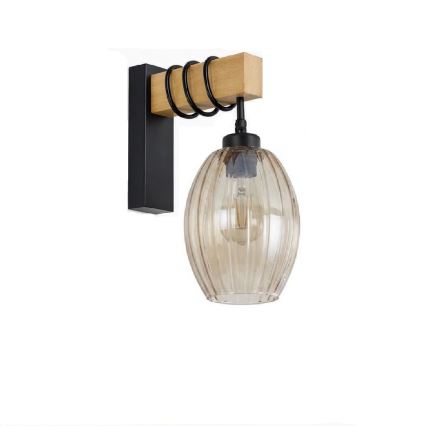 Brilagi - Επιτοίχιο φωτιστικό WOOD GLASS 1xE27/60W/230V πεύκο/μαύρο/καπνιστό μπεζ
