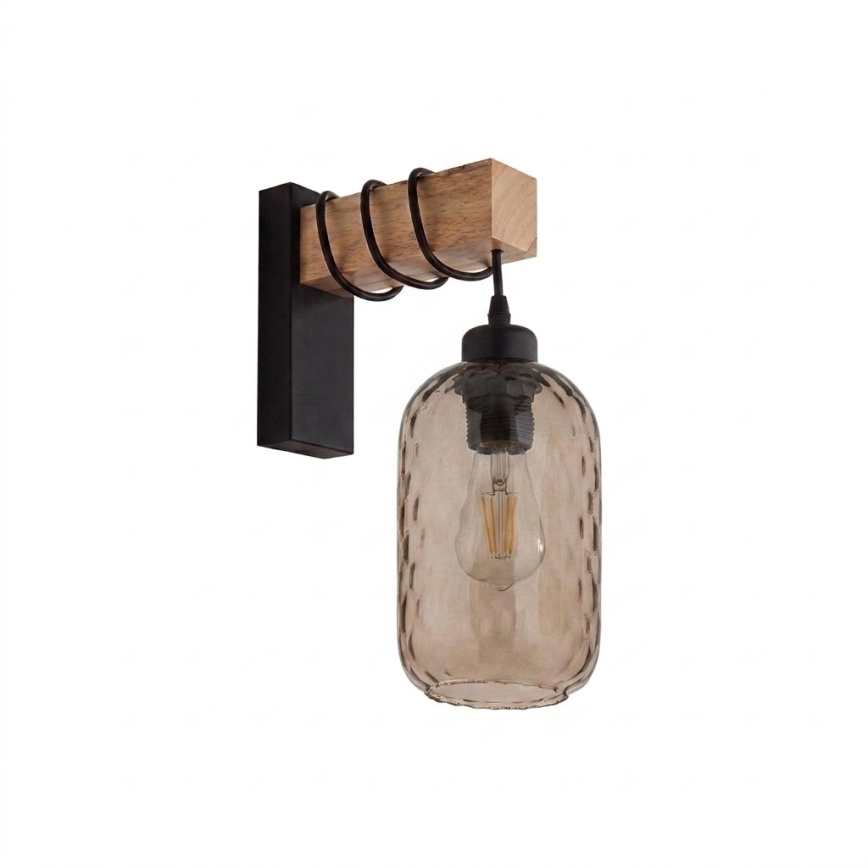 Brilagi - Επιτοίχιο φωτιστικό WOOD GLASS 1xE27/60W/230V πεύκο/μαύρο/καπνιστό καστανό
