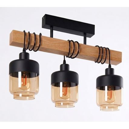 Brilagi - Επιφανειακό φωτιστικό οροφής WOOD GLASS 3xE27/60W/230V πεύκο/μαύρο/καπνιστό καφέ