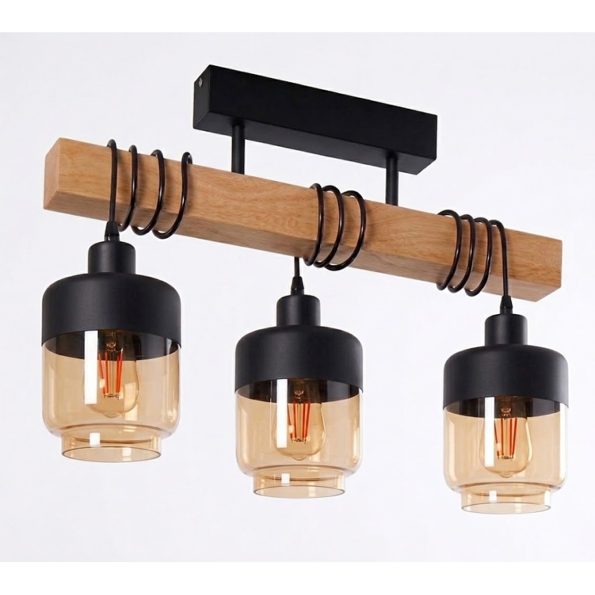 Brilagi - Επιφανειακό φωτιστικό οροφής WOOD GLASS 3xE27/60W/230V πεύκο/μαύρο/καπνιστό καφέ