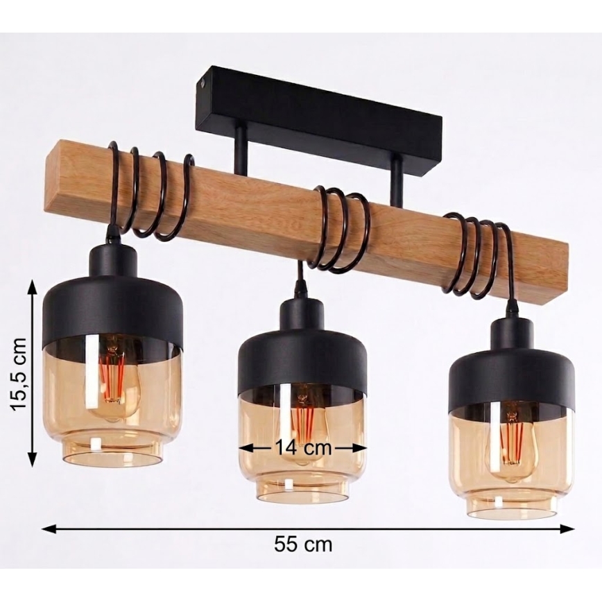 Brilagi - Επιφανειακό φωτιστικό οροφής WOOD GLASS 3xE27/60W/230V πεύκο/μαύρο/καπνιστό καφέ