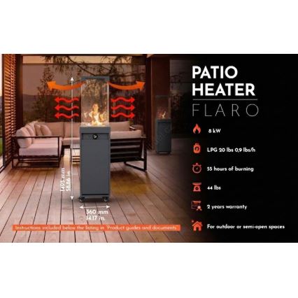 Brilagi - Εξωτερικό τζάκι αερίου FLARO GAS 142x36 cm 8kW 1xAAA μαύρο + προστατευτικό κάλυμμα
