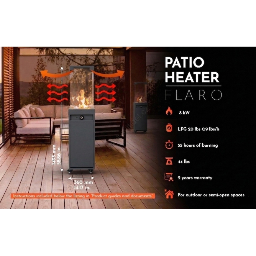 Brilagi - Εξωτερικό τζάκι αερίου FLARO GAS 142x36 cm 8kW 1xAAA μαύρο + προστατευτικό κάλυμμα