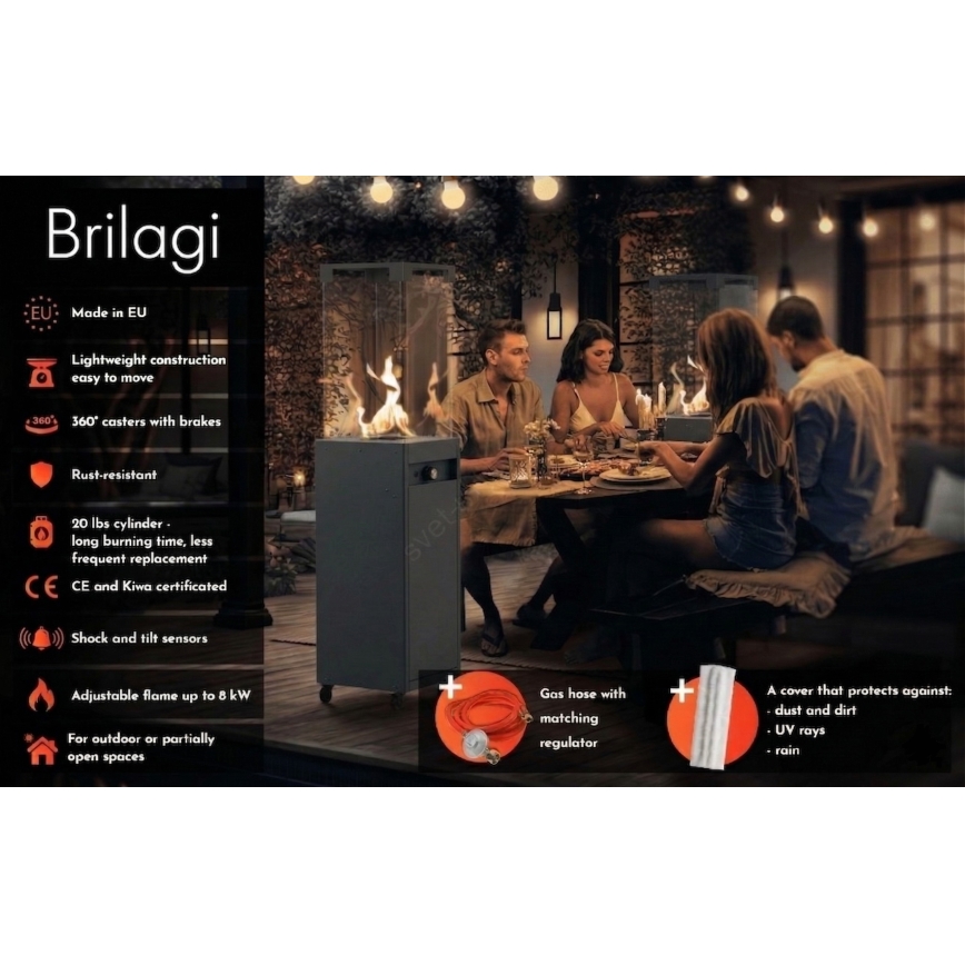 Brilagi - Εξωτερικό τζάκι αερίου FLARO GAS 142x36 cm 8kW 1xAAA μαύρο + προστατευτικό κάλυμμα