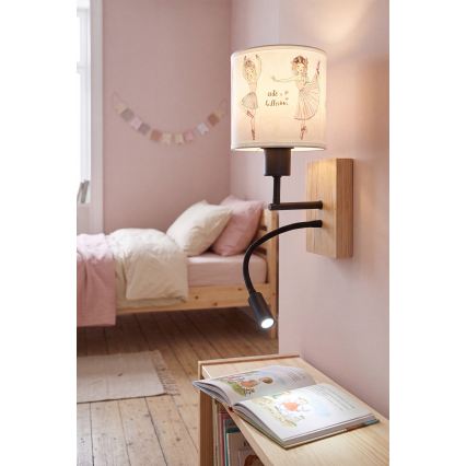 Brilagi - LED παιδική ευλύγιστη επιτοίχια απλίκα BOBO WOOD 1xE27/25W/230V + LED/3W δρυς/μαύρο/λευκό/ροζ/μπαλαρίνες