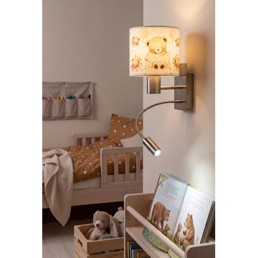 Brilagi - Παιδικό LED ευέλικτο επιτοίχιο φωτιστικό BOBO 1xE27/25W/230V + LED/3W ματ χρώμιο/λευκό/αρκουδάκια