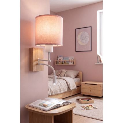 Brilagi - Επιτοίχια λάμπα LED με εύκαμπτο βραχίονα BOBO WOOD 1xE27/25W/230V + LED/3W δρυς/λευκό/ροζ