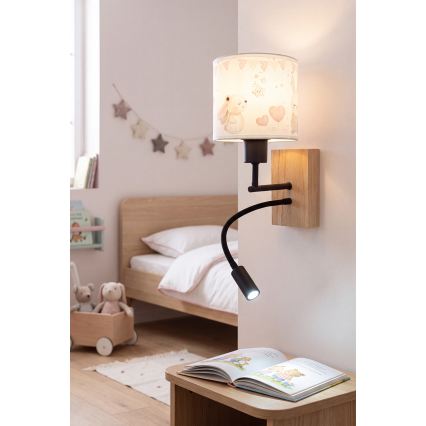 Brilagi - LED παιδικό ευέλικτο επιτοίχιο φωτιστικό BOBO WOOD 1xE27/25W/230V + LED/3W δρυς/μαύρο/κρεμ/κουνελάκια