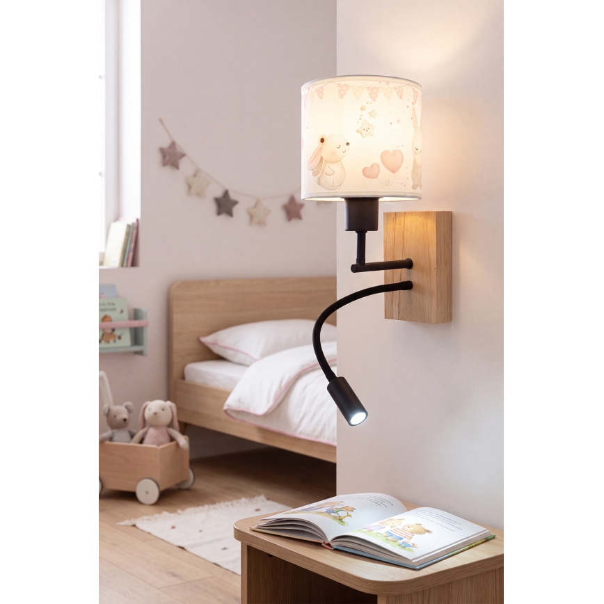 Brilagi - LED παιδικό ευέλικτο επιτοίχιο φωτιστικό BOBO WOOD 1xE27/25W/230V + LED/3W δρυς/μαύρο/κρεμ/κουνελάκια