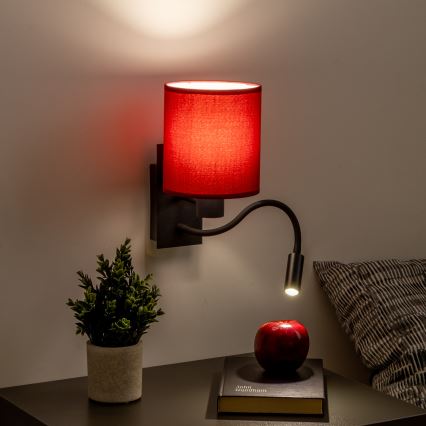 Brilagi - LED Εύκαμπτο φωτιστικό τοίχου NUBILA 1xE27/25W/230V + LED/3W μαύρο/Pompeian κόκκινο