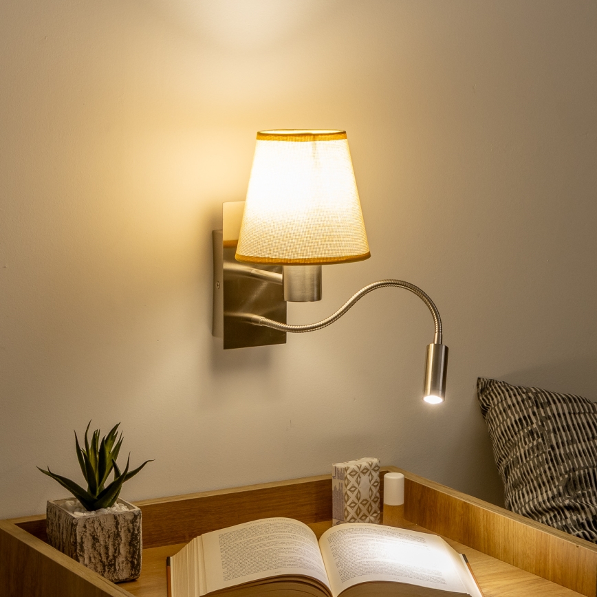 Brilagi - LED Εύκαμπτο φωτιστικό τοίχου NUBILA 1xE27/25W/230V + LED/3W ματ χρώμιο/ανοιχτό καφέ