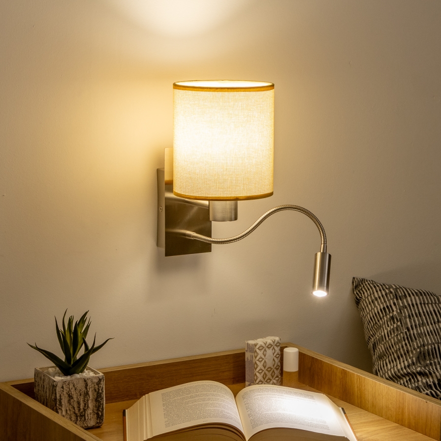 Brilagi - LED Εύκαμπτο φωτιστικό τοίχου NUBILA 1xE27/25W/230V + LED/3W ματ χρώμιο/ανοιχτό καφέ