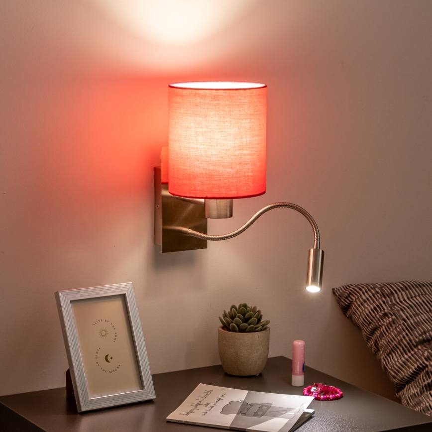 Brilagi - LED Εύκαμπτο φωτιστικό τοίχου NUBILA 1xE27/25W/230V + LED/3W ματ χρώμιο/ροζ