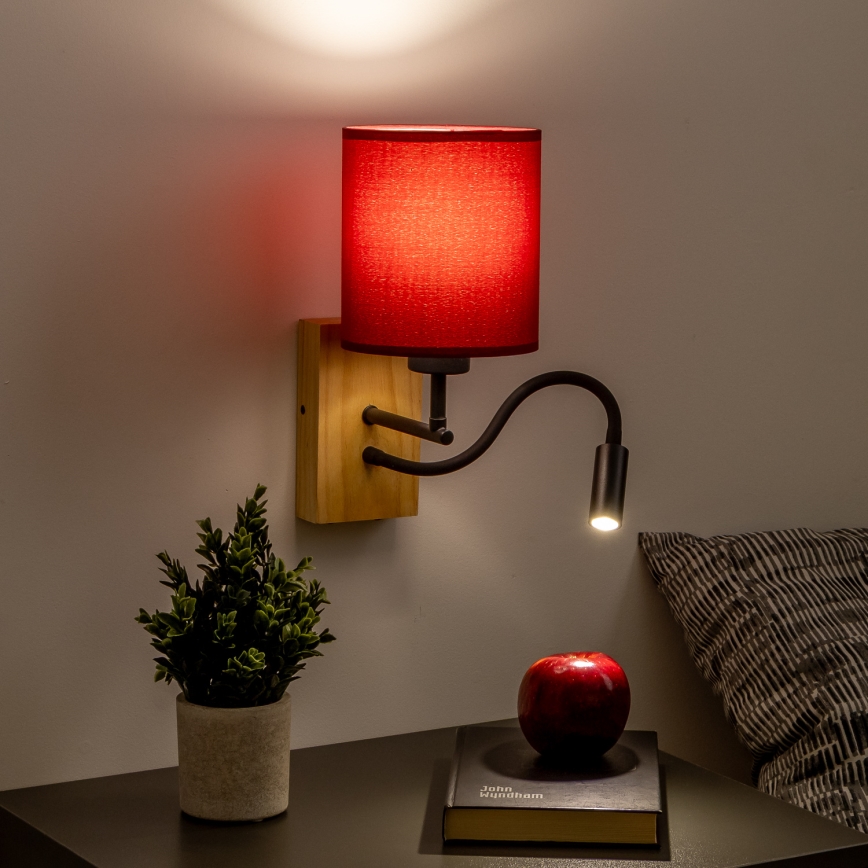 Brilagi - LED Εύκαμπτο φωτιστικό τοίχου NUBILA WOOD 1xE27/25W/230V + LED/3W δρυς/Pompeian κόκκινο