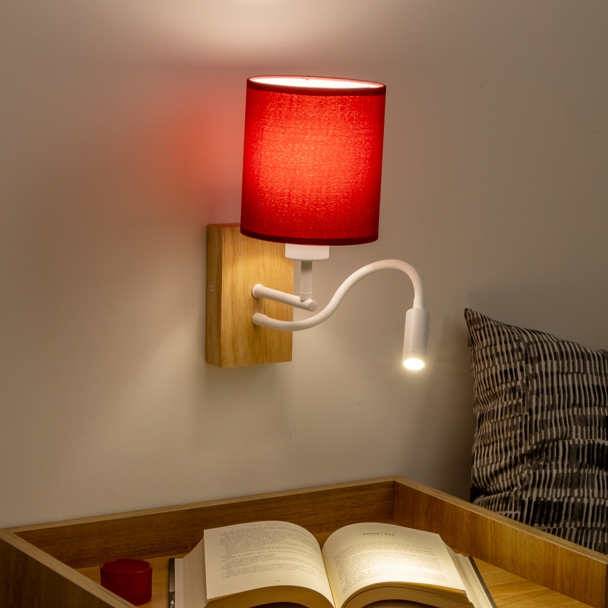 Brilagi - LED Εύκαμπτο φωτιστικό τοίχου NUBILA WOOD 1xE27/25W/230V + LED/3W δρυς/Pompeian κόκκινο