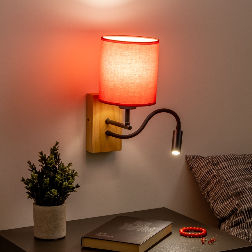 Brilagi - LED Εύκαμπτο φωτιστικό τοίχου NUBILA WOOD 1xE27/25W/230V + LED/3W δρυς/κόκκινο