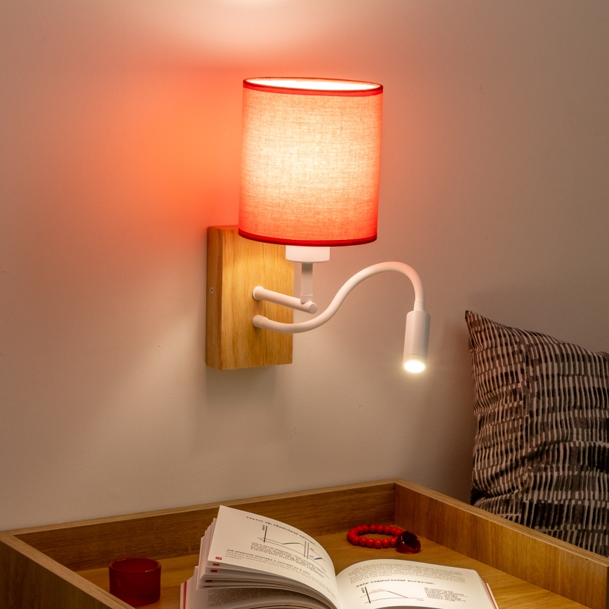 Brilagi - LED Εύκαμπτο φωτιστικό τοίχου NUBILA WOOD 1xE27/25W/230V + LED/3W δρυς/κόκκινο