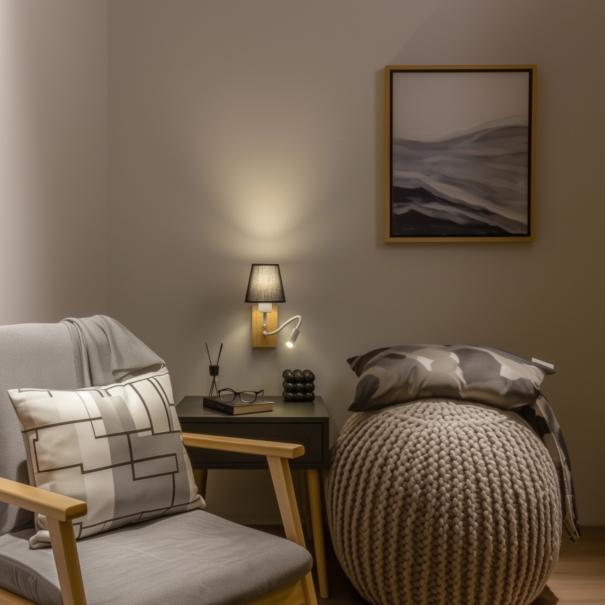 Brilagi - LED Εύκαμπτο φωτιστικό τοίχου NUBILA WOOD 1xE27/25W/230V + LED/3W δρυς/μαύρο