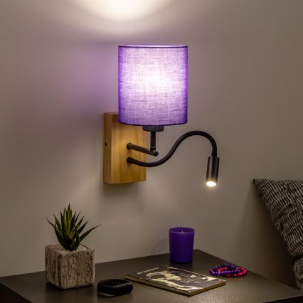 Brilagi - LED Εύκαμπτο φωτιστικό τοίχου NUBILA WOOD 1xE27/25W/230V + LED/3W δρυς/μωβ