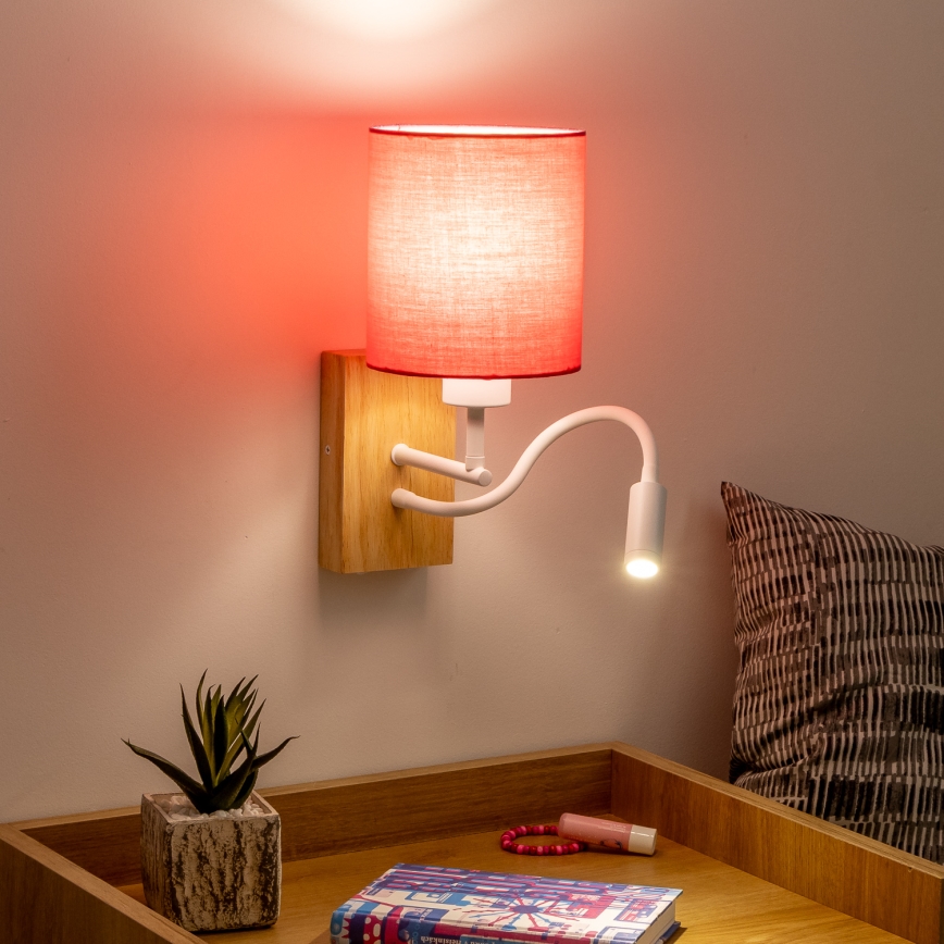 Brilagi - LED Εύκαμπτο φωτιστικό τοίχου NUBILA WOOD 1xE27/25W/230V + LED/3W δρυς/ροζ