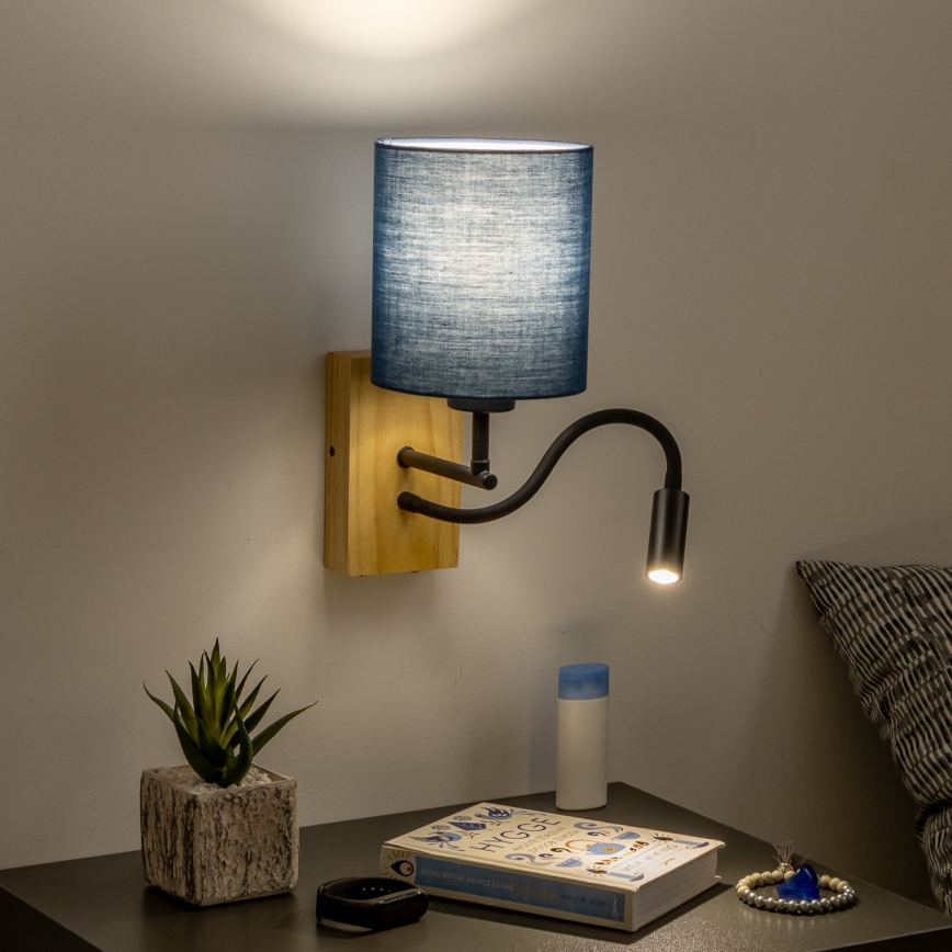 Brilagi - LED Εύκαμπτο φωτιστικό τοίχου NUBILA WOOD 1xE27/25W/230V + LED/3W δρυς/σκούρο μπλε