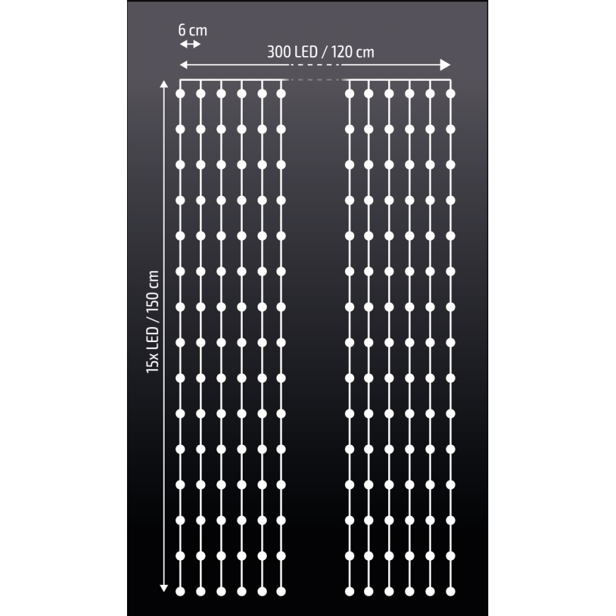 Brilagi - Χριστουγεννιάτικα λαμπάκια κουρτίνα LED 300xLED/8 λειτουργίες/3xAA/USB 1,2m ψυχρό λευκό