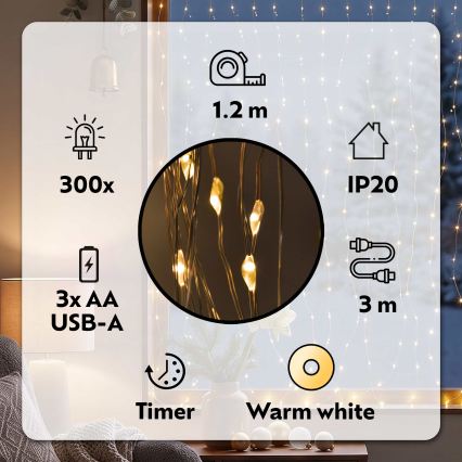 BRILAGI - Χριστουγεννιάτικη LED κουρτίνα 300 LED / 8 λειτουργίες / 3x AA / USB / 1,2 m / θερμό λευκό