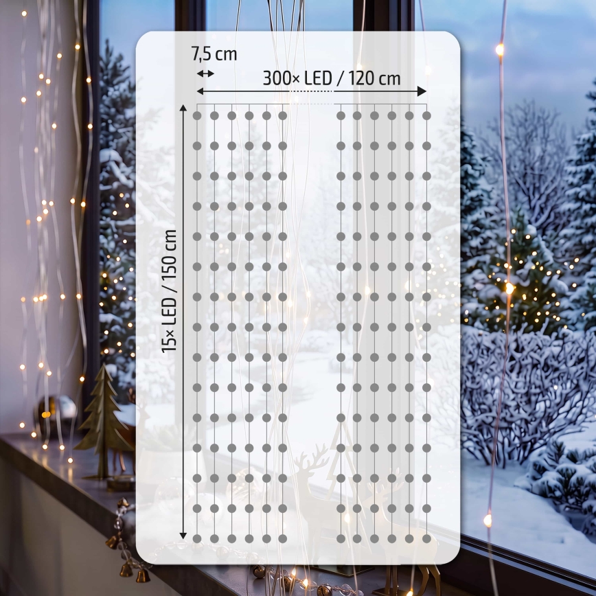 BRILAGI - Χριστουγεννιάτικη LED κουρτίνα 300 LED / 8 λειτουργίες / 3x AA / USB / 1,2 m / θερμό λευκό