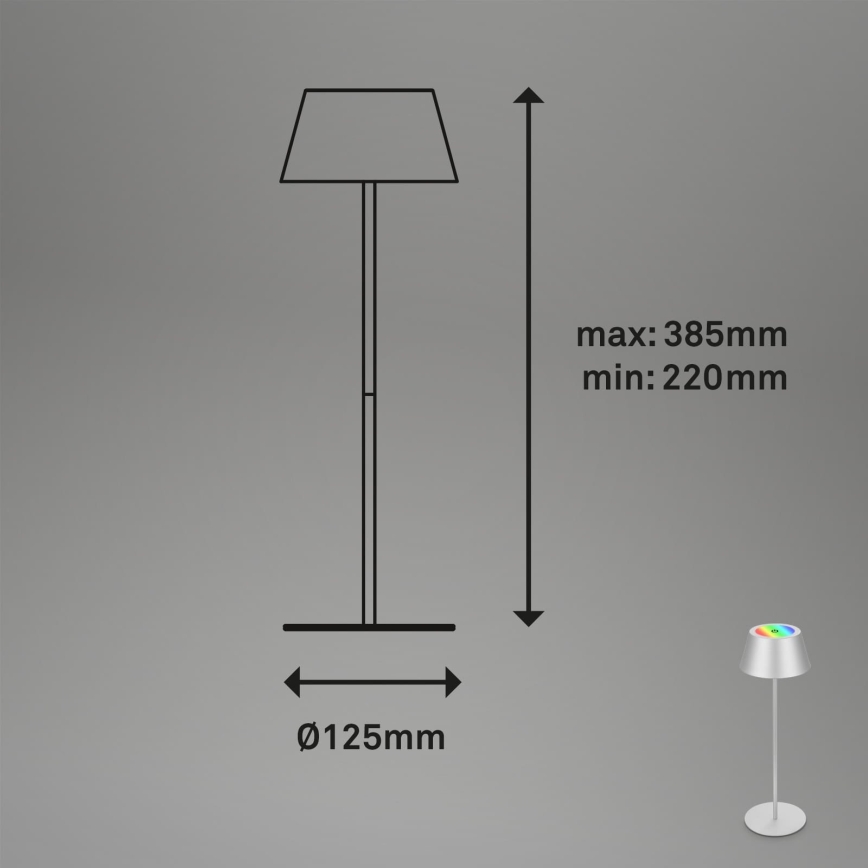 Brilo - LED RGB ρυθμιζόμενο επαναφορτιζόμενο επιτραπέζιο φωτιστικό εξωτερικού χώρου με έλεγχο αφής KIKI LED/2,6W/5V IP44 2600 mAh ασημί