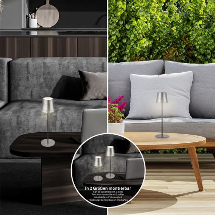 Brilo - Ρυθμιζόμενο επαναφορτιζόμενο επιτραπέζιο φωτιστικό αφής για εξωτερικούς χώρους KIKI LED/2,6W/5V IP44 2600 mAh ασημί